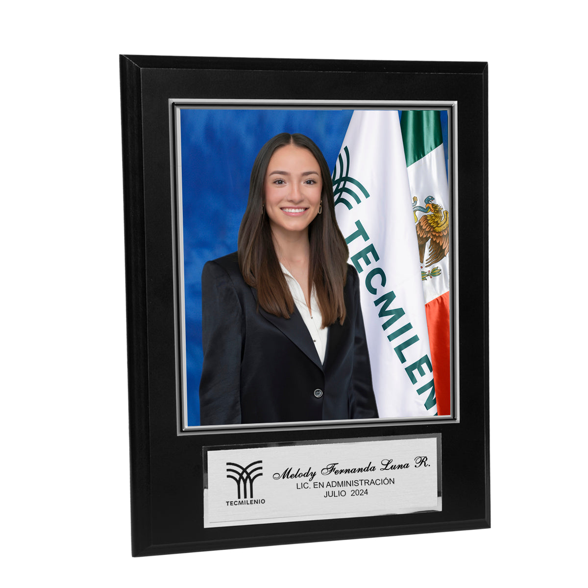 Cita para foto 7x8" sobre una base negra con placa plateada personalizada con nombre, carrera y generación (modelo 41)