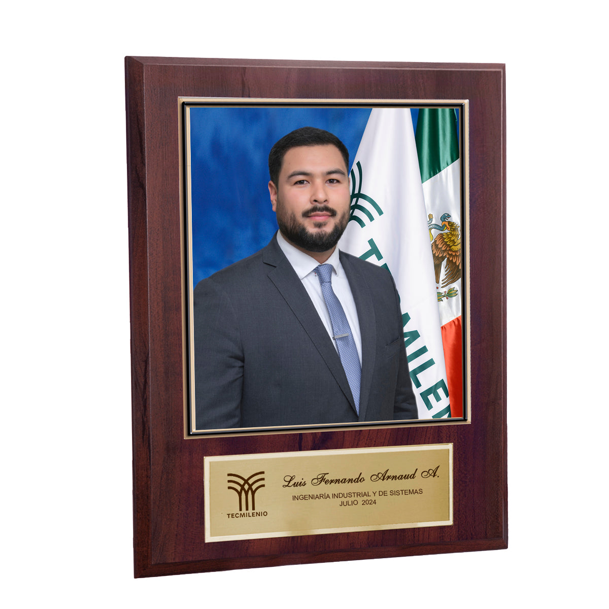 Modelo 40 - Foto 7x8" sobre una base café con placa dorada personalizada con nombre, carrera y generación