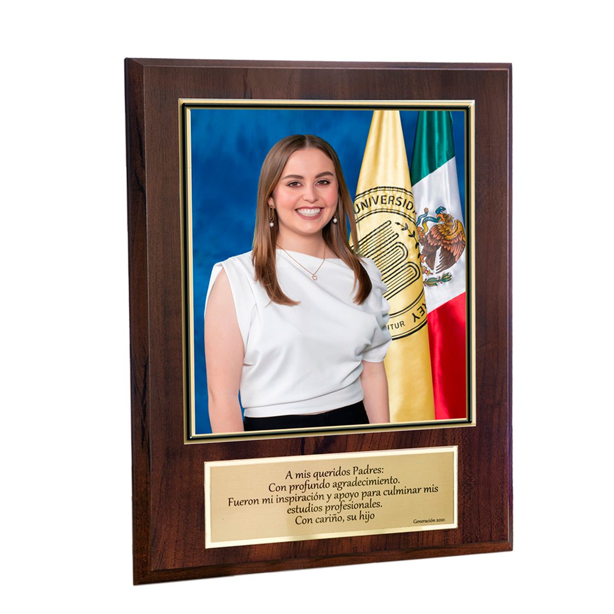 Cita para foto 7x8" con placa de agradecimiento dorada y base café