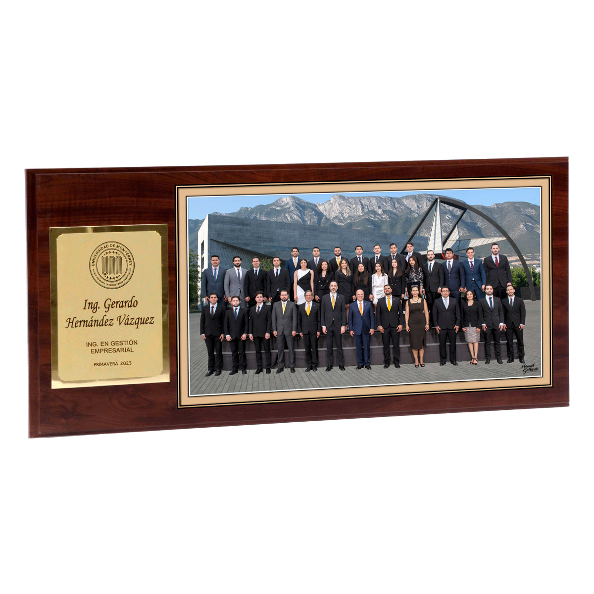 Modelo 1 - Foto 11x20” con placa dorada personalizada y base café