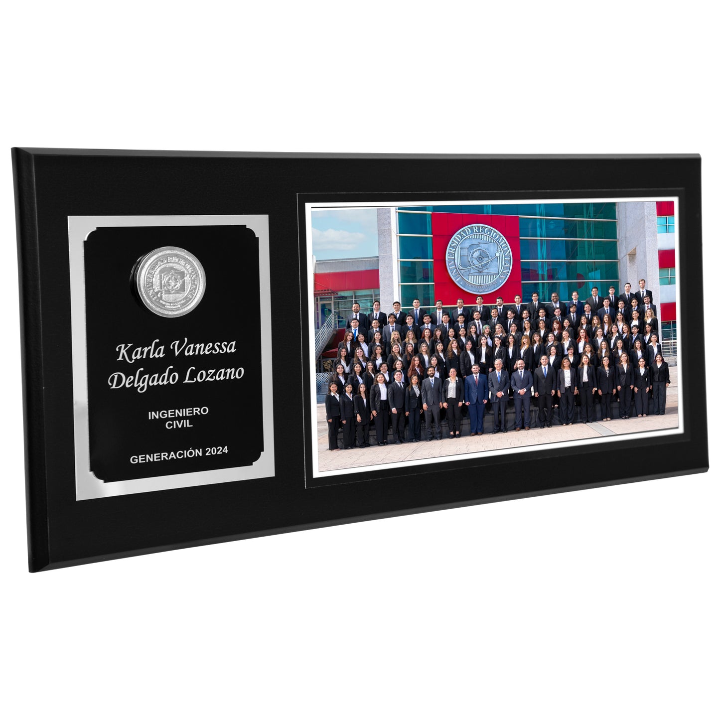 Modelo 35 - Foto 9x15” con placa plateada personalizada, logo realzado y base negra