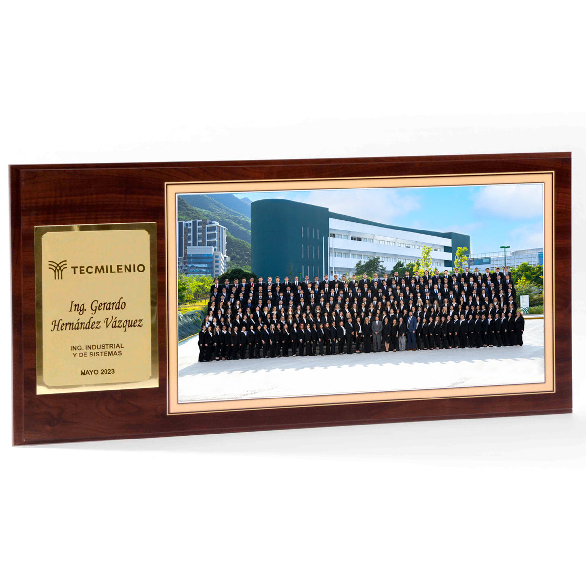 Modelo 1 - Foto 11x20” con placa dorada personalizada y base café