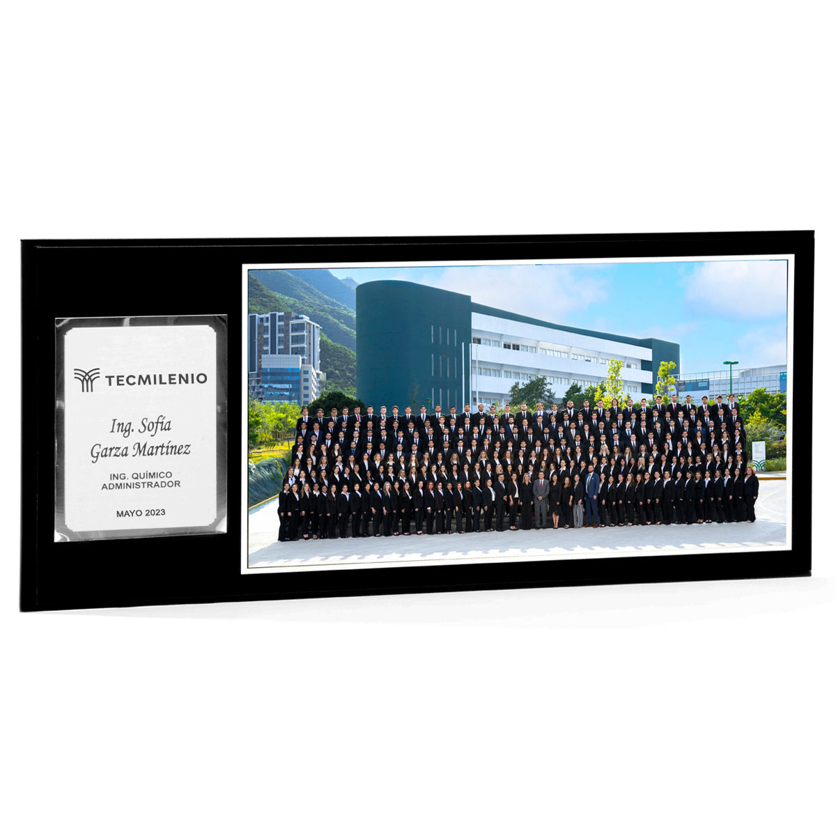 Modelo 2 - Foto 11x20” con placa plateada personalizada y base negra