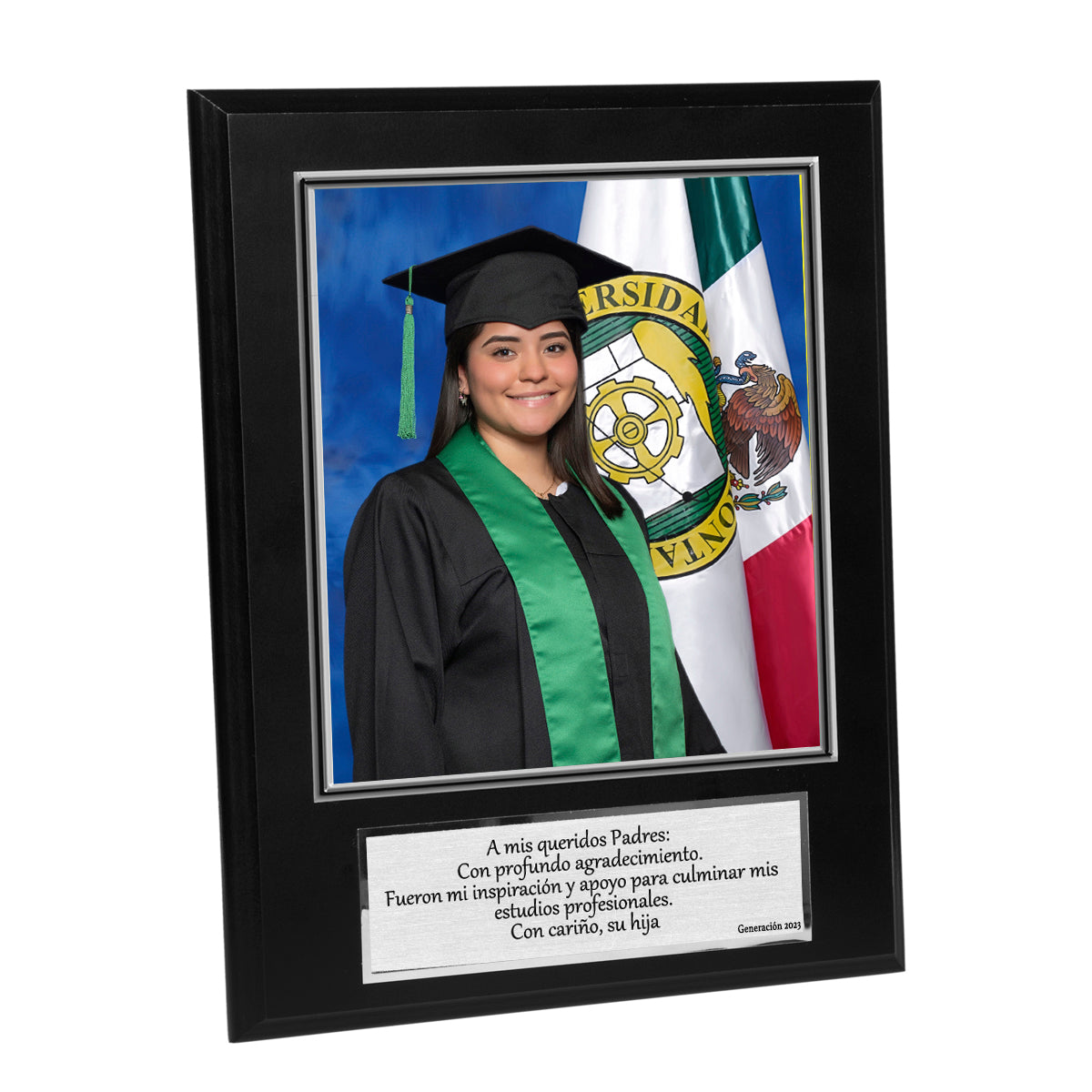 Cita para foto 7x8" con placa de agradecimiento plateada y base negra (modelo 34)