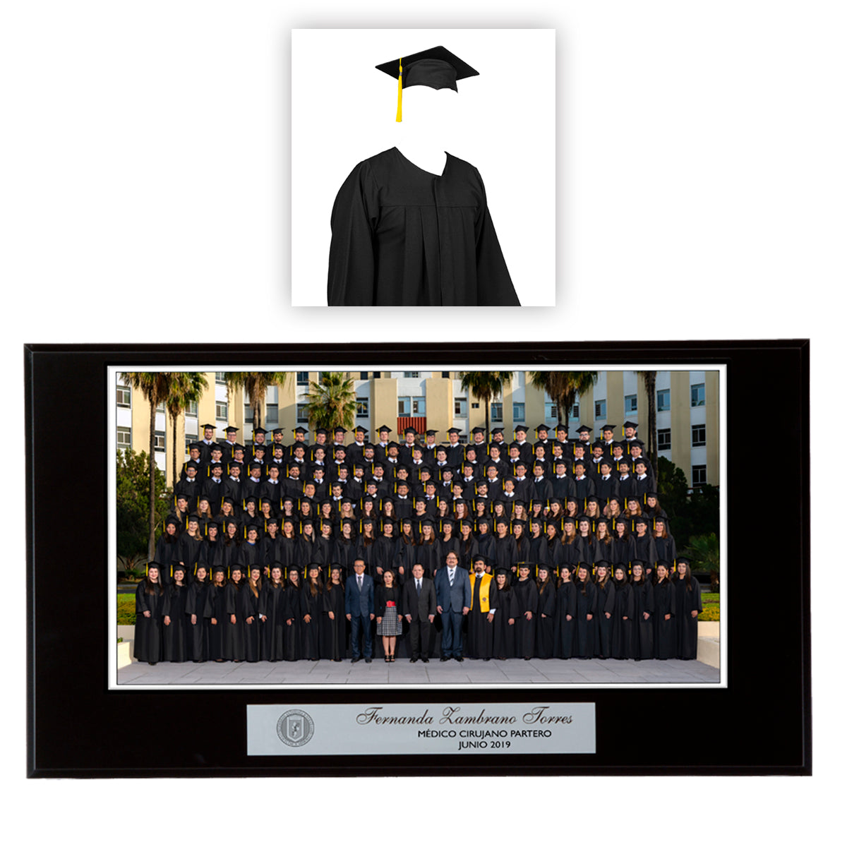 Modelo 20 (Foto 9x17" con placa plateada y base negra) + renta de toga y birrete para foto y acto académico