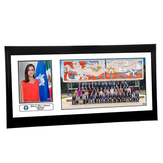 Modelo 39 - Foto de grupo 15x8" con foto individual en un diseño personalizado sobre una base negra