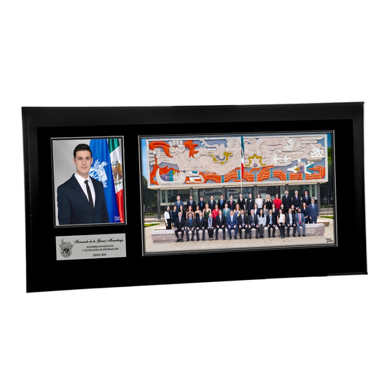 Modelo 38 - Foto de grupo 15x8" con foto individual en un diseño personalizado sobre una base negra