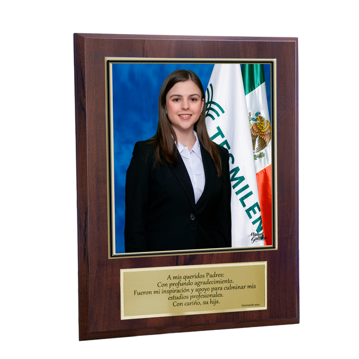 Modelo 36 -  Foto 7x8" con placa de agradecimiento dorada y base café