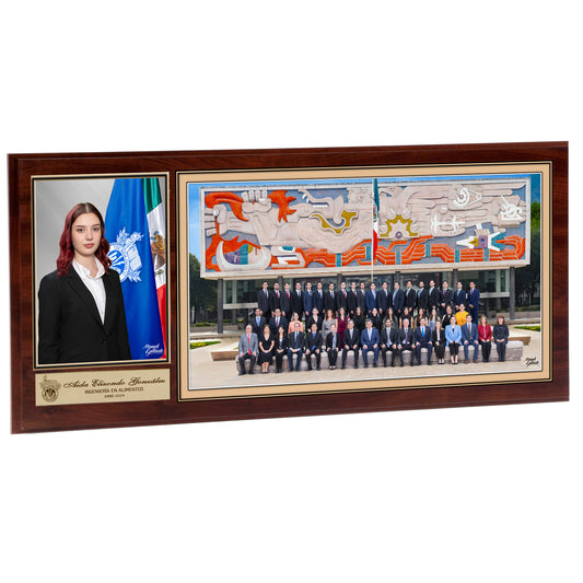 Modelo 37 - Foto de grupo 11x20" con foto individual 6x8" y placa dorada personalizada sobre una base café