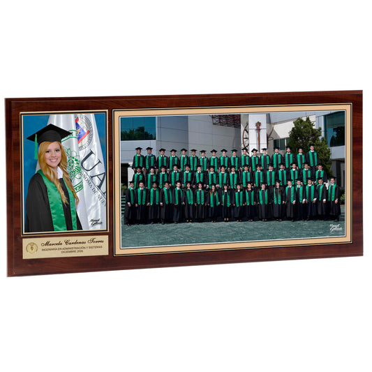 Modelo 37 - Foto de grupo 11x20" con foto individual 6x8" y placa dorada personalizada sobre una base café